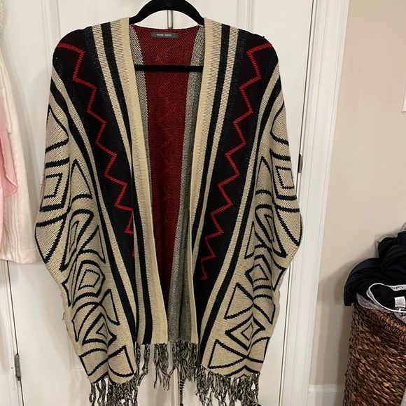 west 36th Sweaters - Black & Red Fringe Poncho Sweater